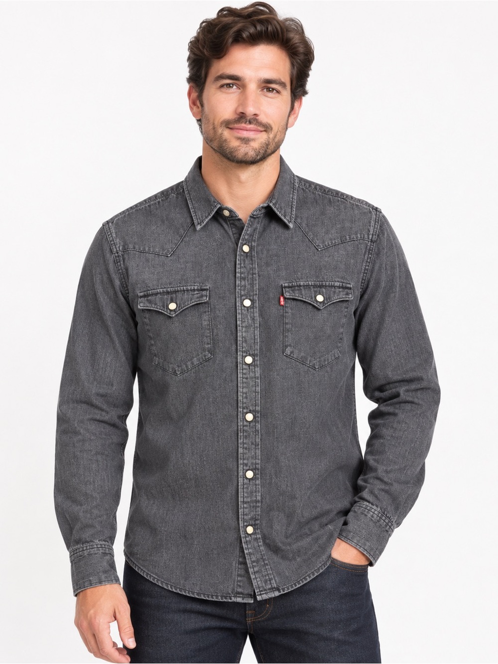 Levi’s Men’s Medium Western Denim Shirt Gray Black Pearl Snap Long Sleeve